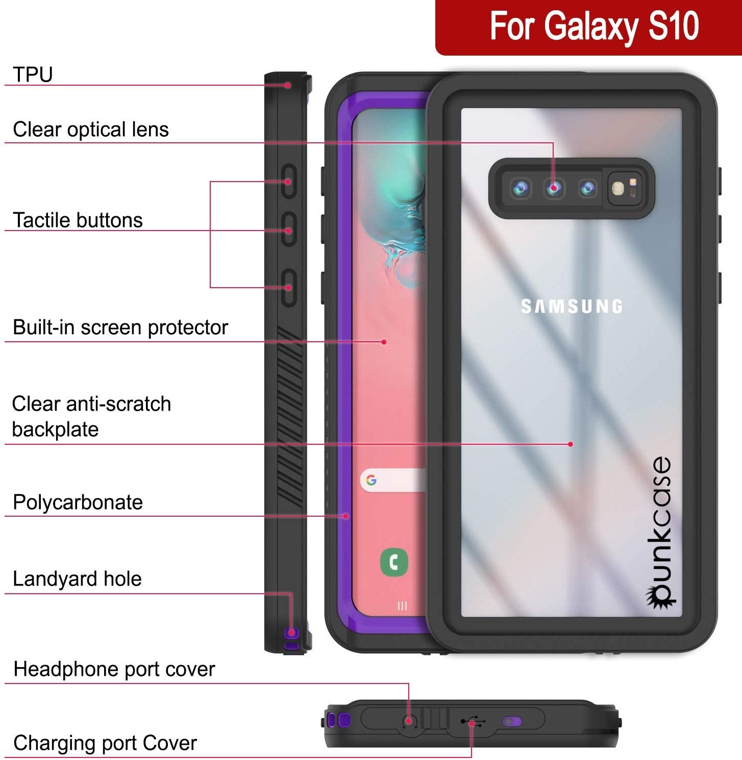 Capa protetora fina à prova d'água e de choque para Galaxy S10 com protetor de tela [Roxo]
