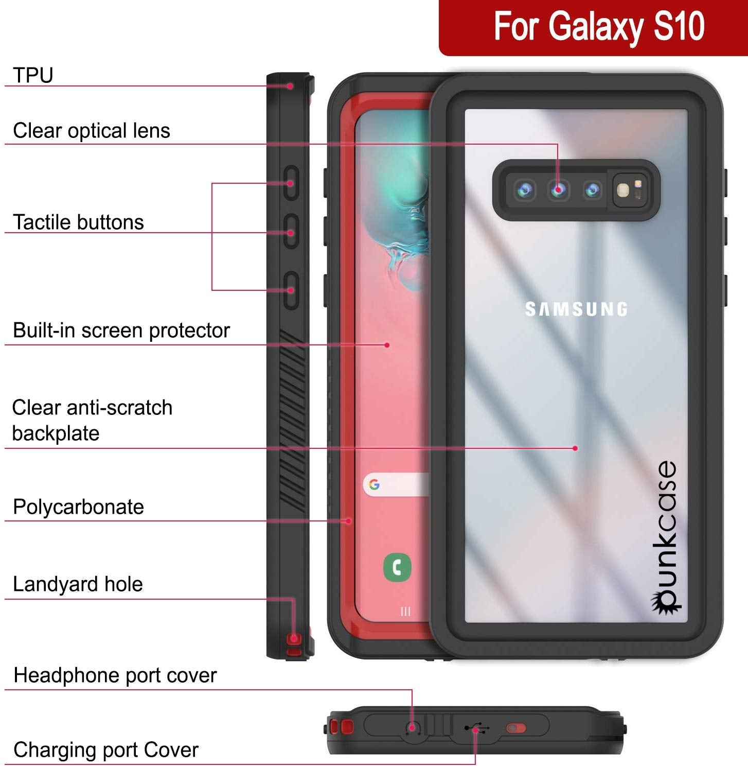Capa protetora Slim à prova d'água/choque/neve para tela do Galaxy S10 (vermelha)