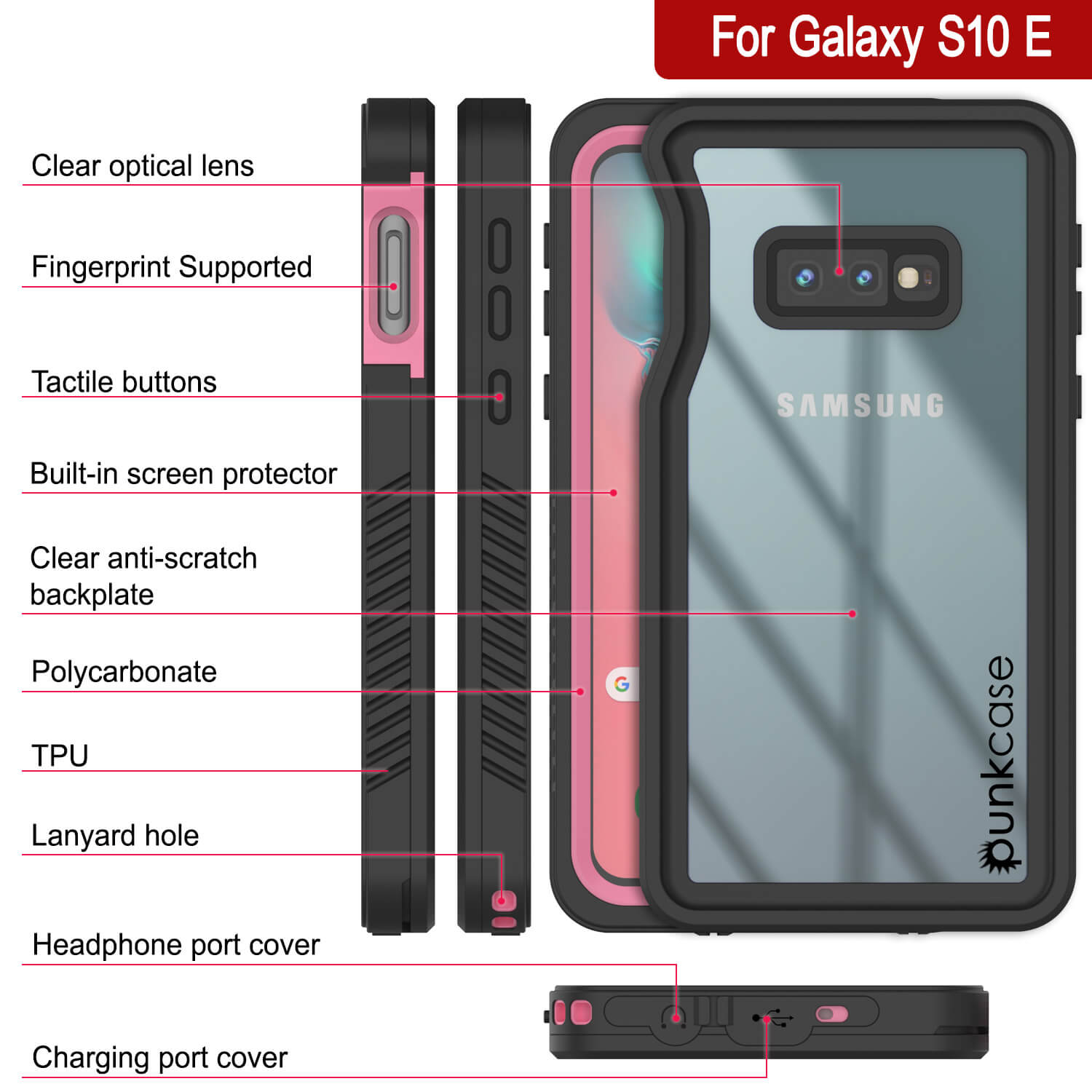 Capa protetora fina à prova d'água/choque/neve para tela do Galaxy S10e [Rosa]