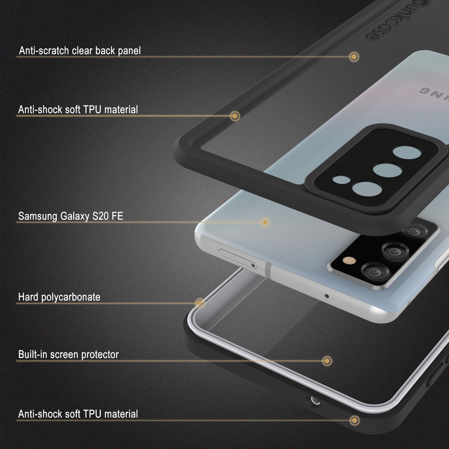 Anti-scratch clear back panel Anti-shock soft TPU material Samsung Galaxy S20 FE Hard polycarbonate Built-in screen protector Anti-shock soft TPU material (Color in image: Black)
