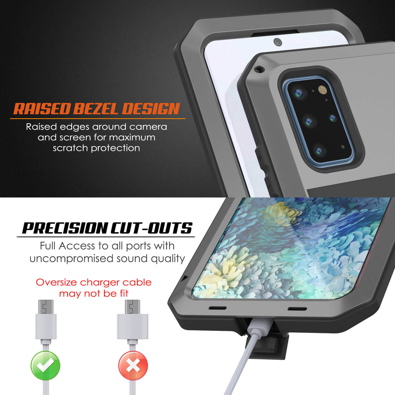 Capa de metal para Galaxy s20+ Plus, resistente de grau militar, cobertura de armadura robusta [Prata]