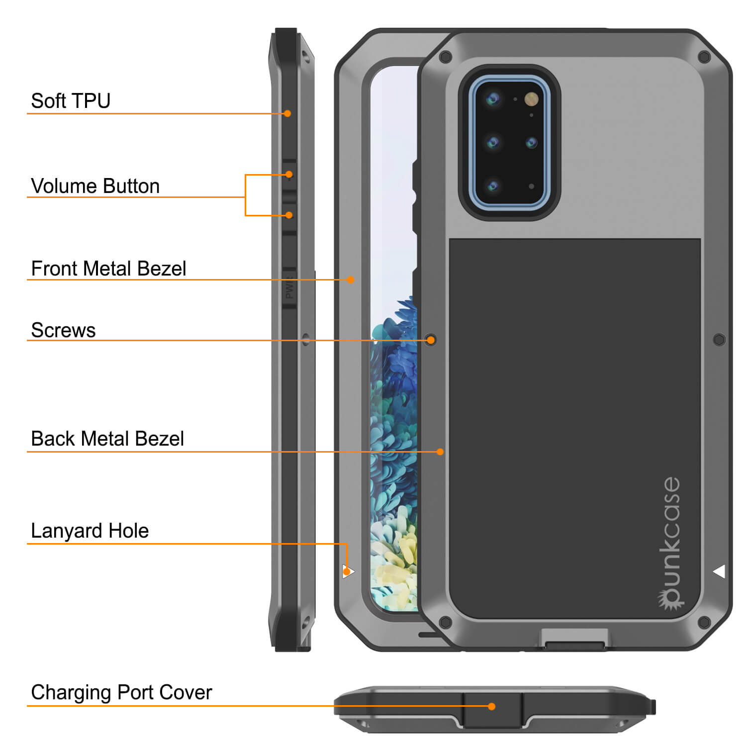 Capa de metal para Galaxy s20+ Plus, resistente de grau militar, cobertura de armadura robusta [Prata]