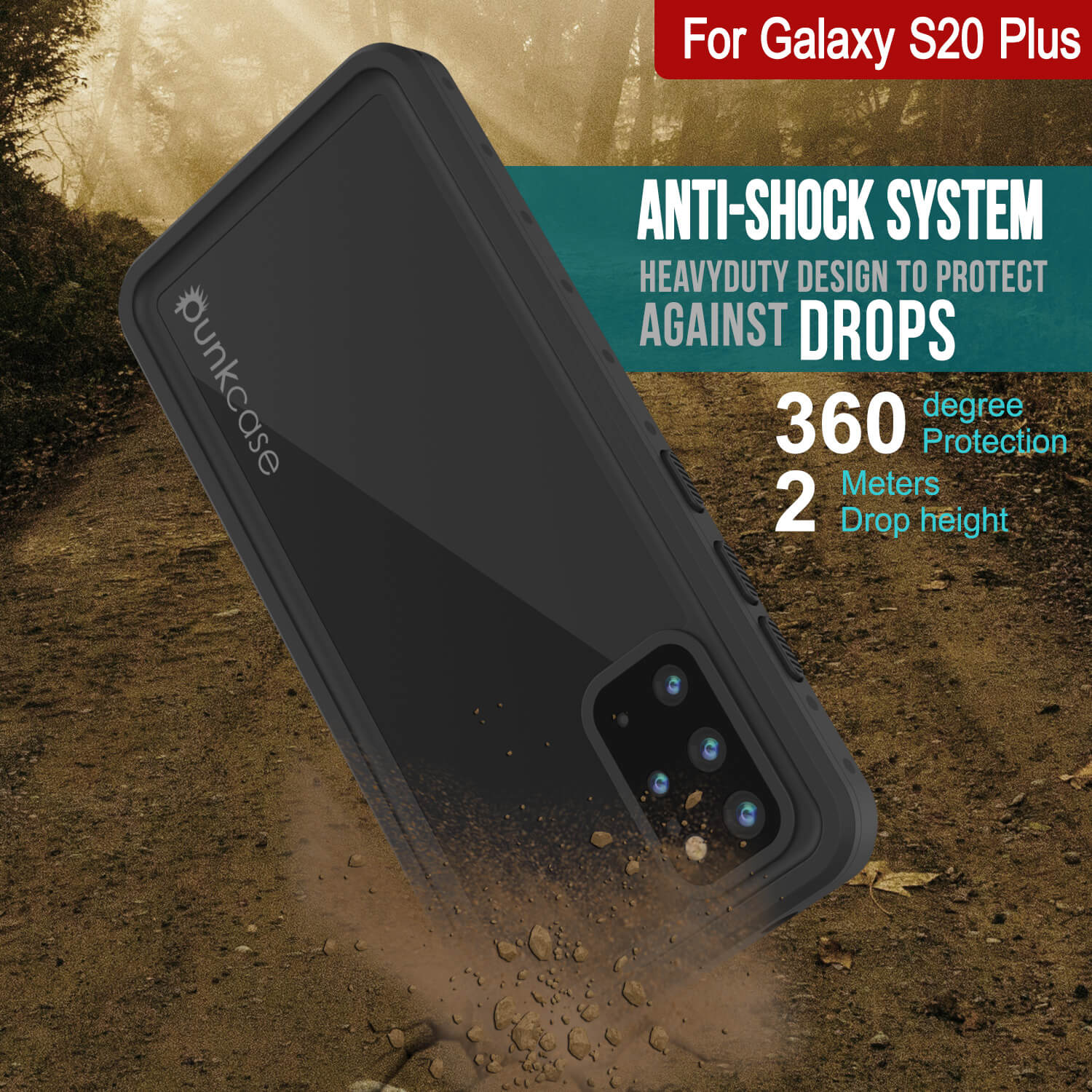 Capa impermeável Galaxy S20 + Plus PunkCase StudStar preta fina 6.6ft à prova d'água IP68 à prova de choque/neve