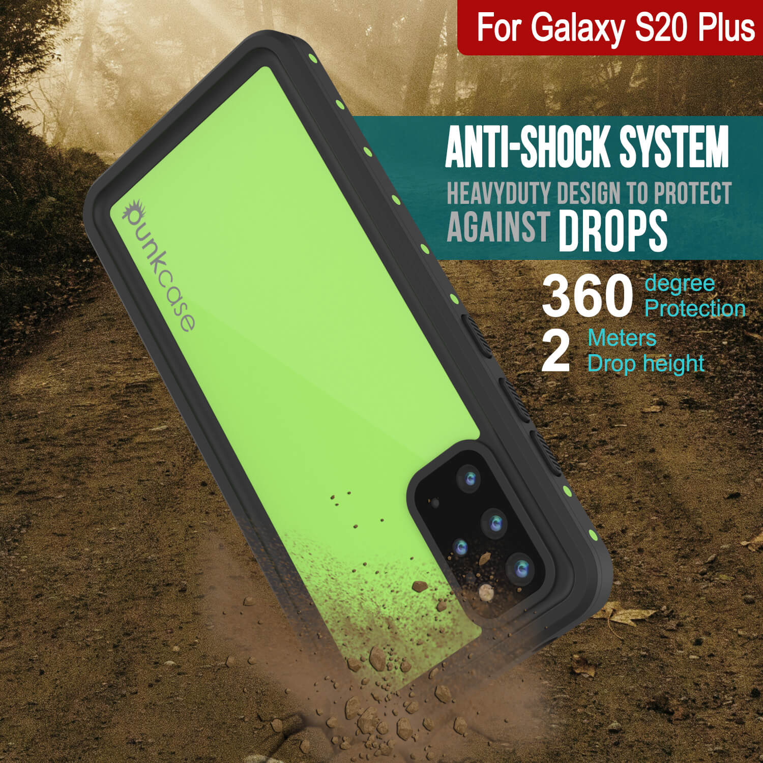 Capa à prova d'água Galaxy S20+ Plus PunkCase StudStar Light Green Fina 6.6ft à prova de choque subaquático IP68