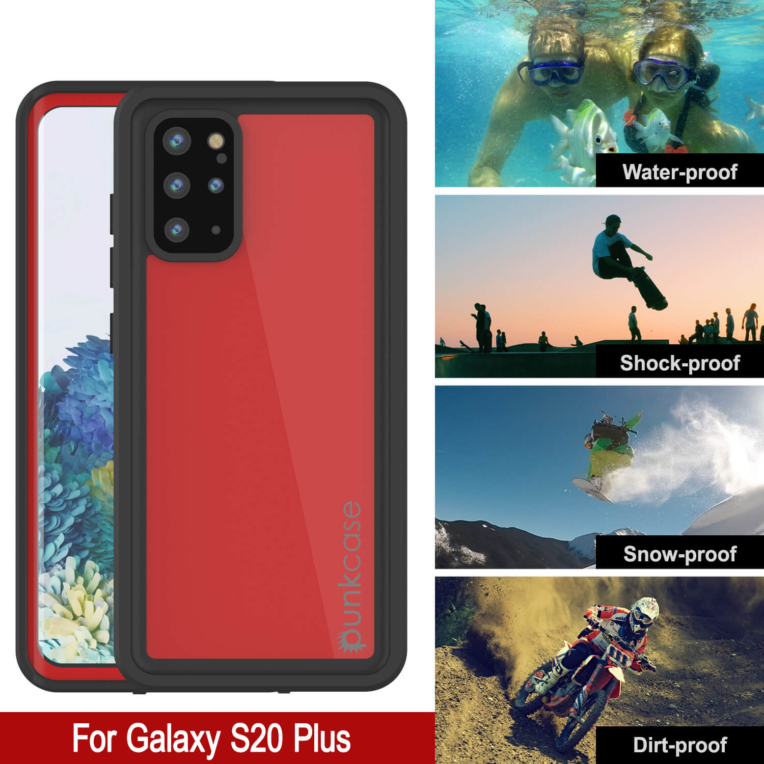 Capa à prova d'água PunkCase StudStar Vermelha fina para Galaxy S20+ Plus 6.6ft à prova de choque/neve subaquática IP68
