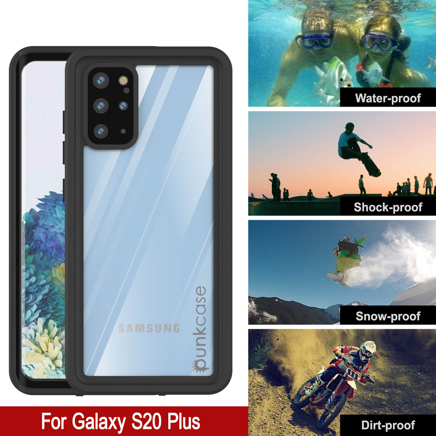Capa à prova d'água Galaxy S20+ Plus PunkCase StudStar Clear Thin 6.6ft IP68 à prova de choque/neve subaquática