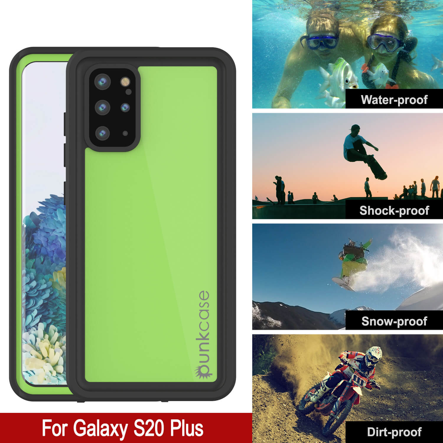 Capa à prova d'água Galaxy S20+ Plus PunkCase StudStar Light Green Fina 6.6ft à prova de choque subaquático IP68