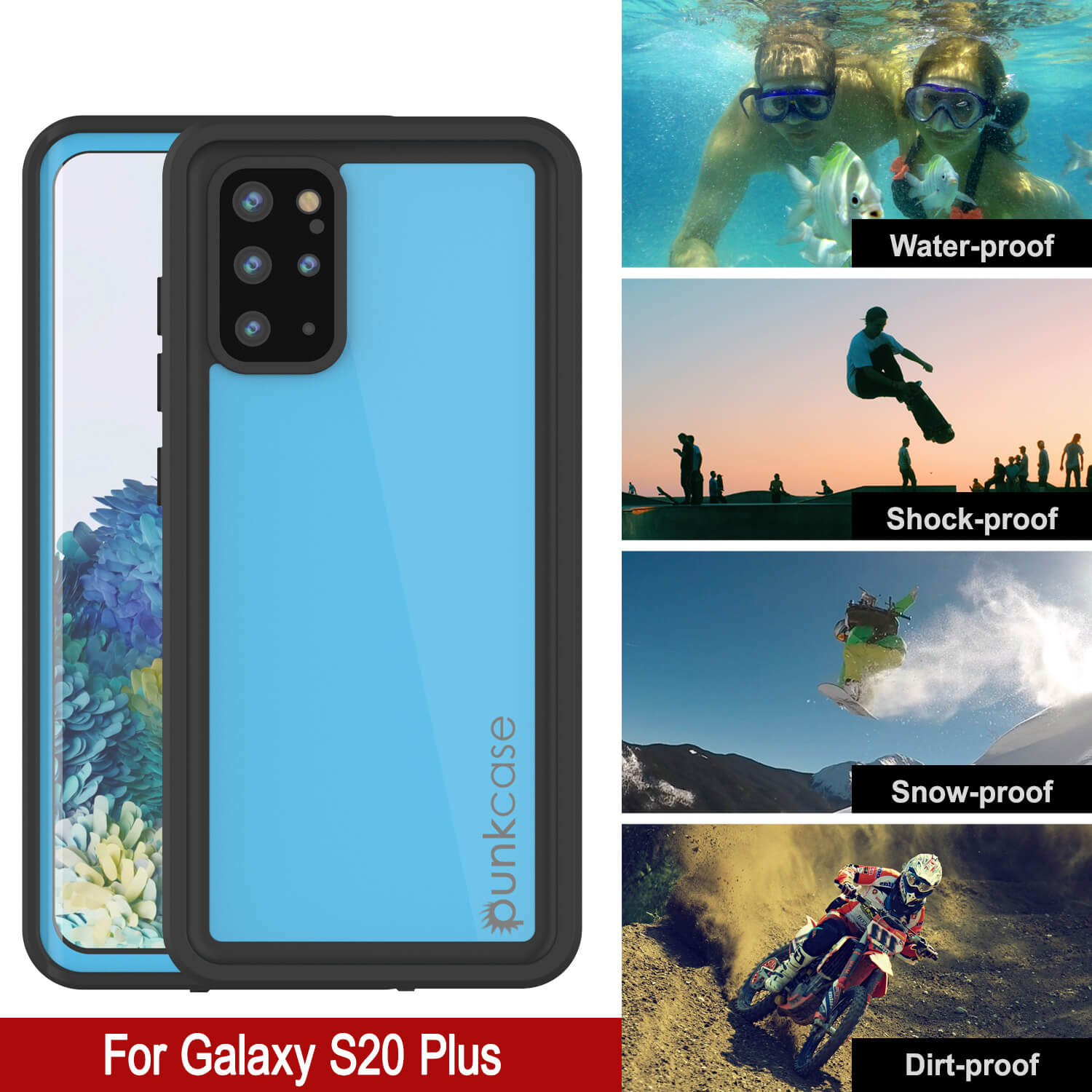 Capa à prova d'água Galaxy S20+ Plus PunkCase StudStar Light Blue Fina 6.6ft Subaquática IP68 à prova de choque