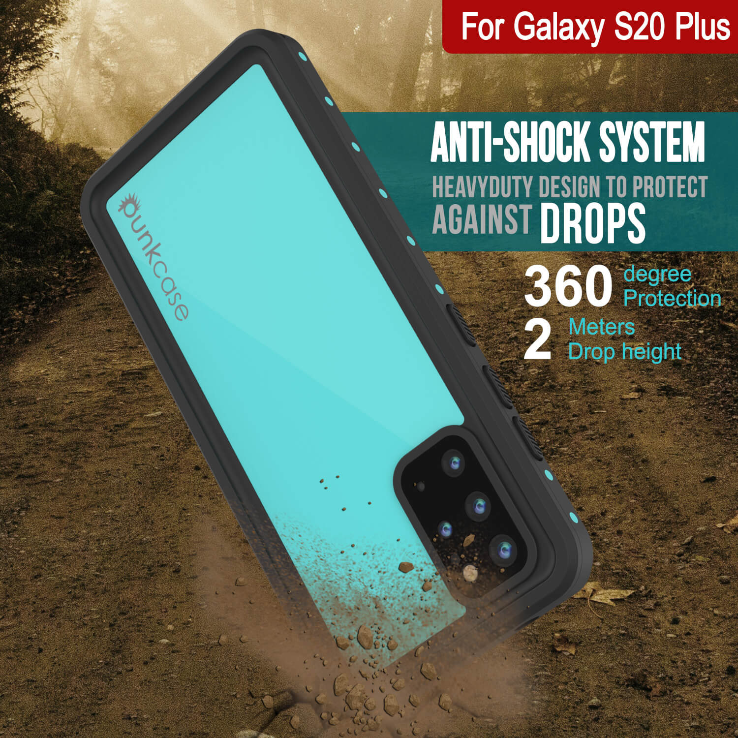 Capa à prova d'água PunkCase StudStar Teal Thin para Galaxy S20+ Plus, 6.6ft Subaquático IP68 à prova de choque/neve