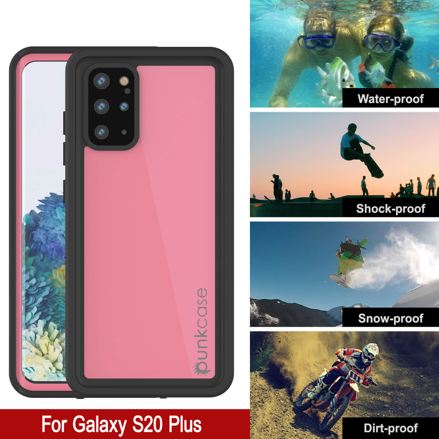 Capa à prova d'água Galaxy S20+ Plus PunkCase StudStar Pink Thin 6.6ft Subaquático IP68 à prova de choque/neve