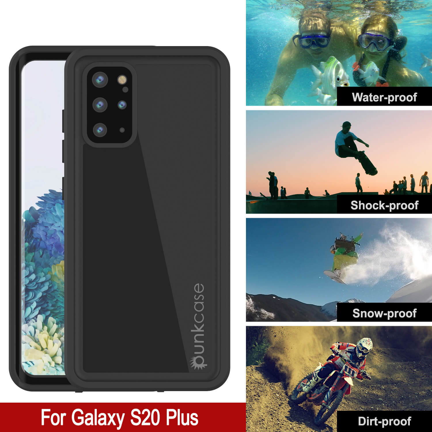 Capa impermeável Galaxy S20 + Plus PunkCase StudStar preta fina 6.6ft à prova d'água IP68 à prova de choque/neve