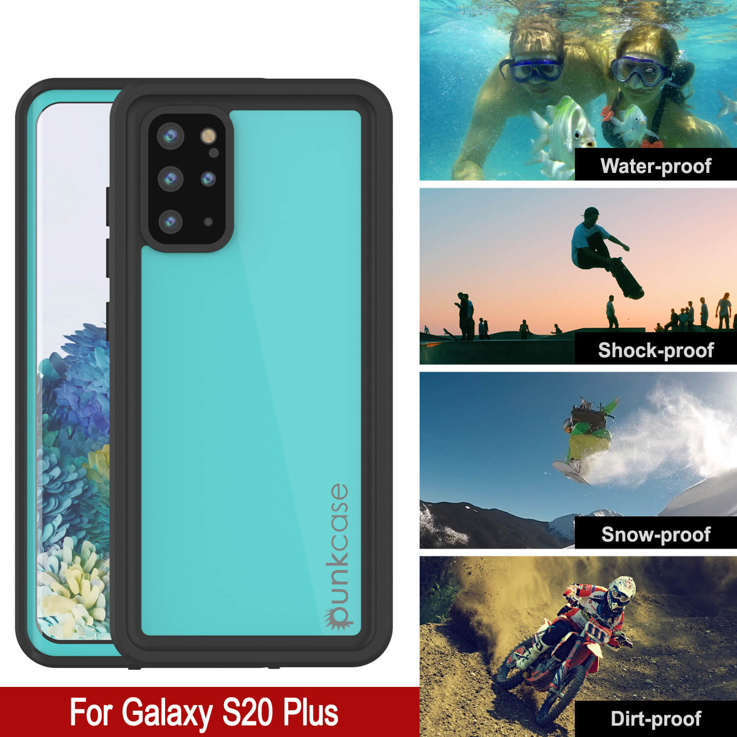 Capa à prova d'água PunkCase StudStar Teal Thin para Galaxy S20+ Plus, 6.6ft Subaquático IP68 à prova de choque/neve