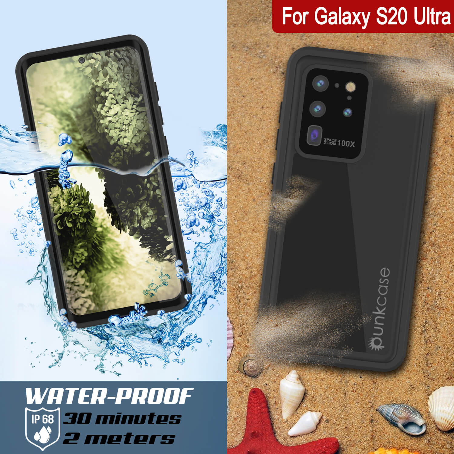 Capa à prova d'água Galaxy S20 Ultra PunkCase StudStar Preta Fina 6.6ft à prova de choque/neve subaquática IP68
