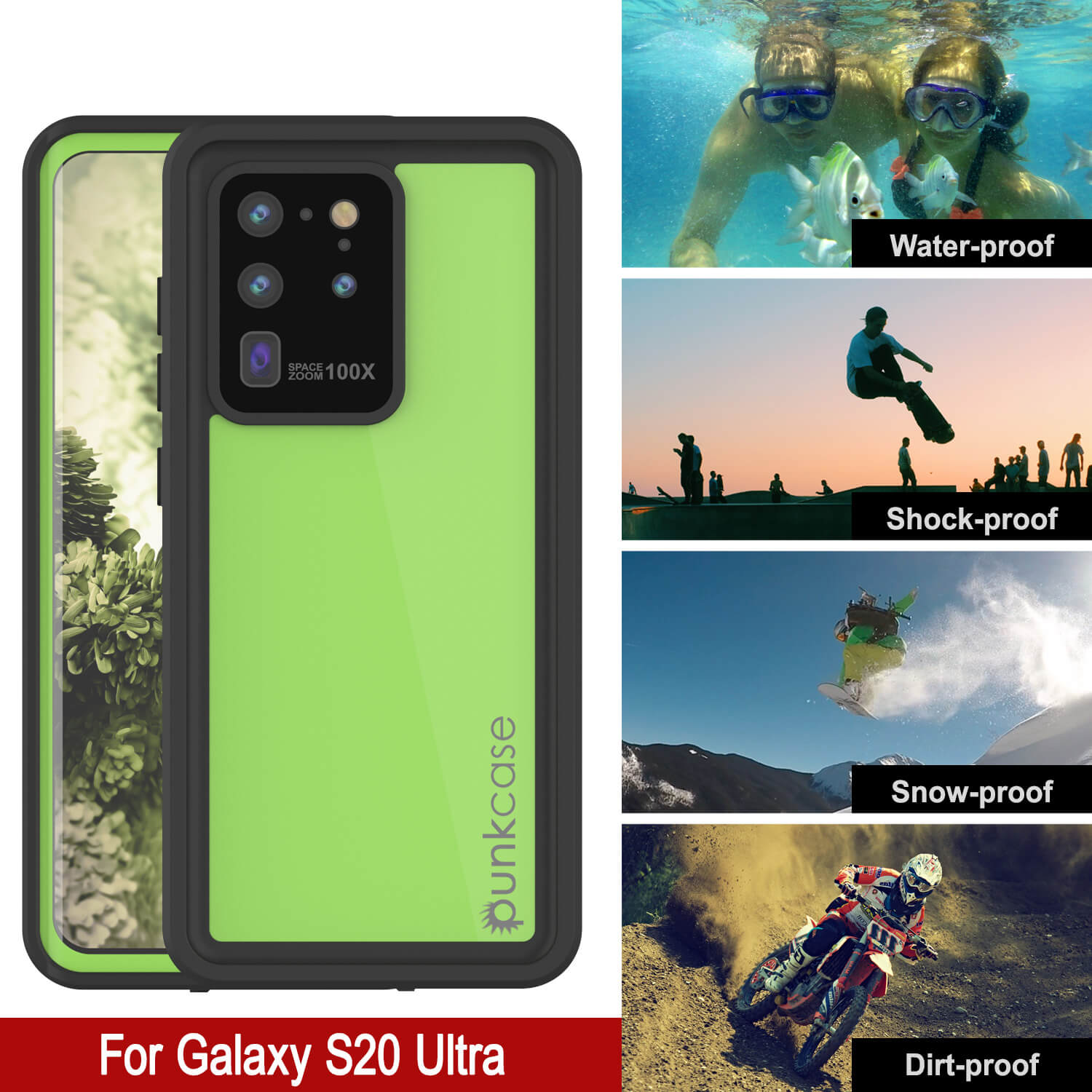 Capa à prova d'água Galaxy S20 Ultra PunkCase StudStar Verde Claro Fino 6.6ft Subaquática IP68 à prova de choque
