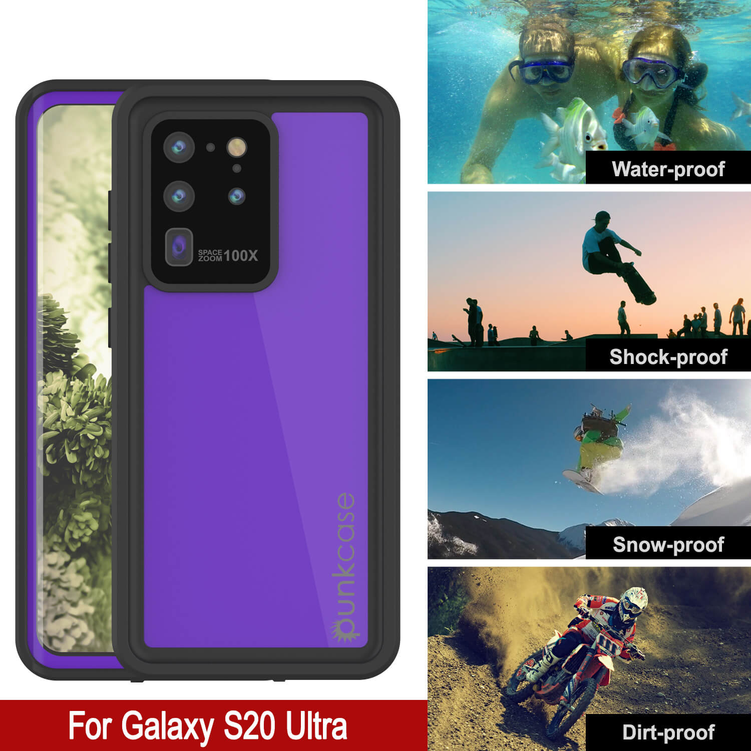 Capa à Prova d'Água Galaxy S20 Ultra PunkCase StudStar Roxo Fino 6,6ft à Prova de Água IP68 à Prova de Choque/Neve.
