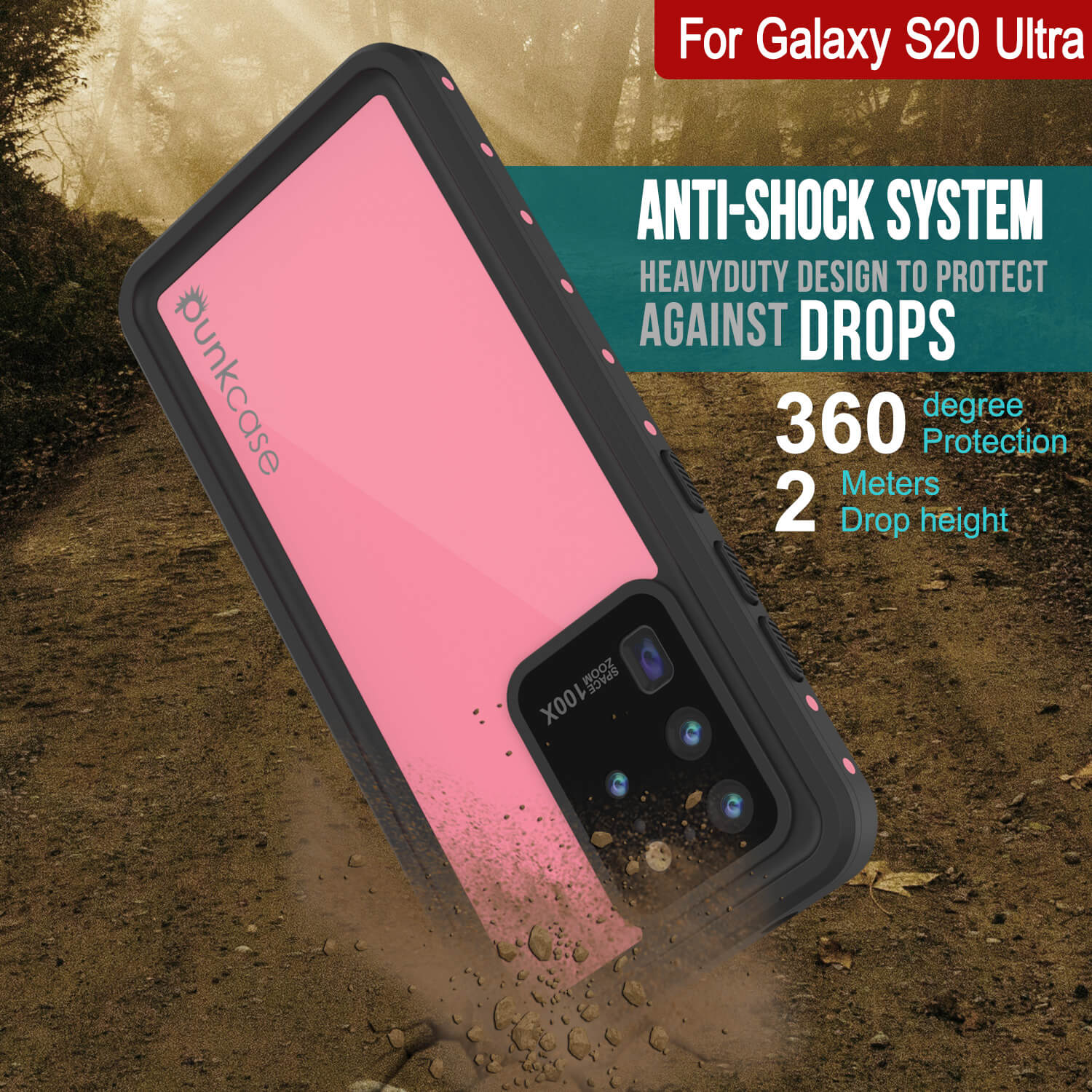 Capa À Prova De Água Galaxy S20 Ultra PunkCase StudStar Cor-de-rosa Fina 6,6 pés À Prova De Água IP68 À Prova De Choque/Neve