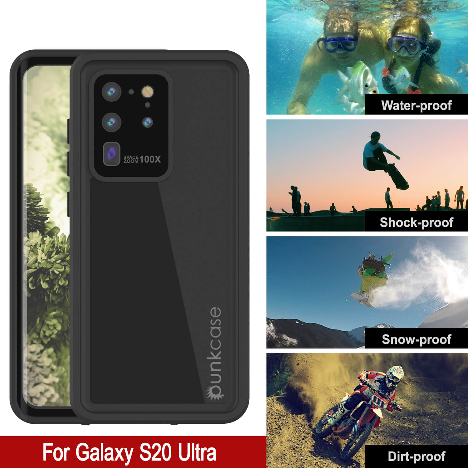 Capa à prova d'água Galaxy S20 Ultra PunkCase StudStar Preta Fina 6.6ft à prova de choque/neve subaquática IP68