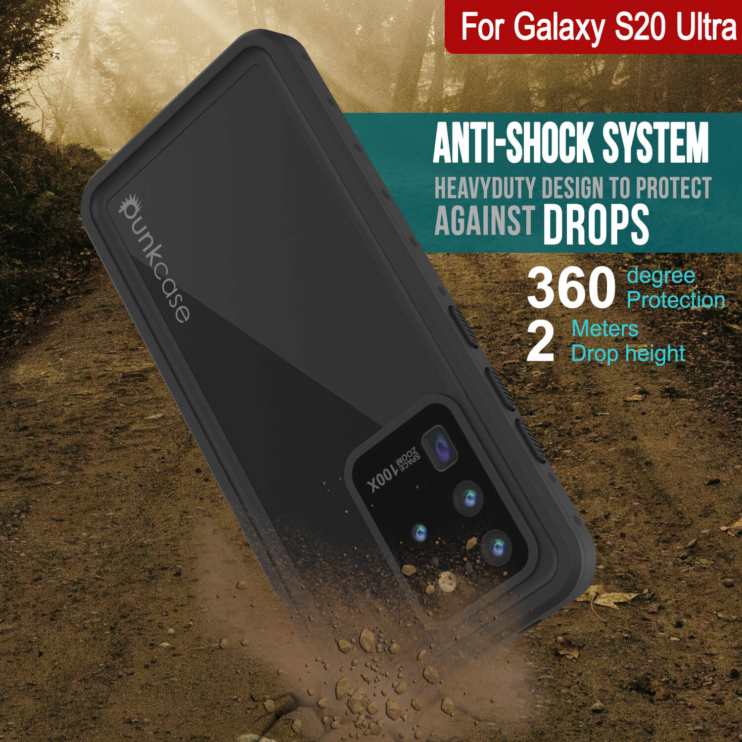 Capa à prova d'água Galaxy S20 Ultra PunkCase StudStar Preta Fina 6.6ft à prova de choque/neve subaquática IP68