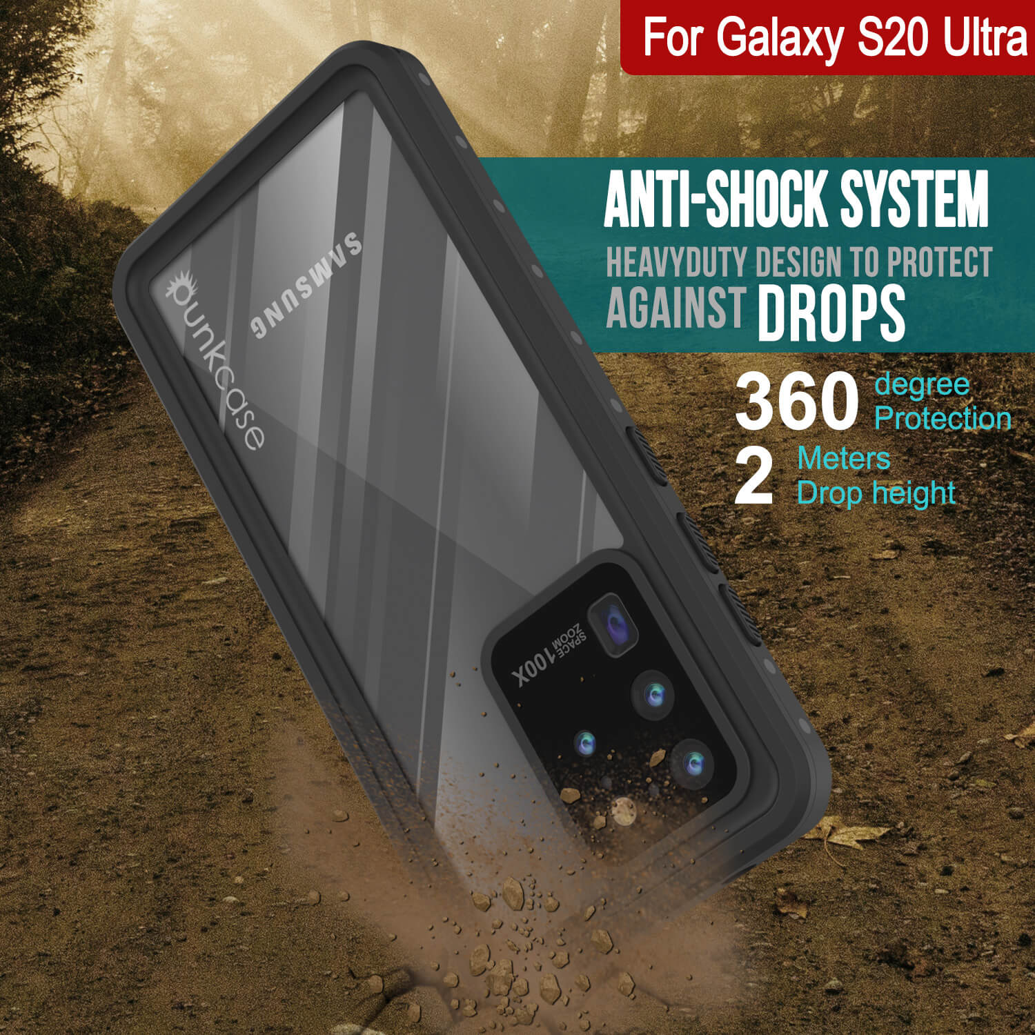 Capa à prova d'água Galaxy S20 Ultra PunkCase StudStar Clear Thin 6.6ft Subaquática IP68 à prova de choque/neve