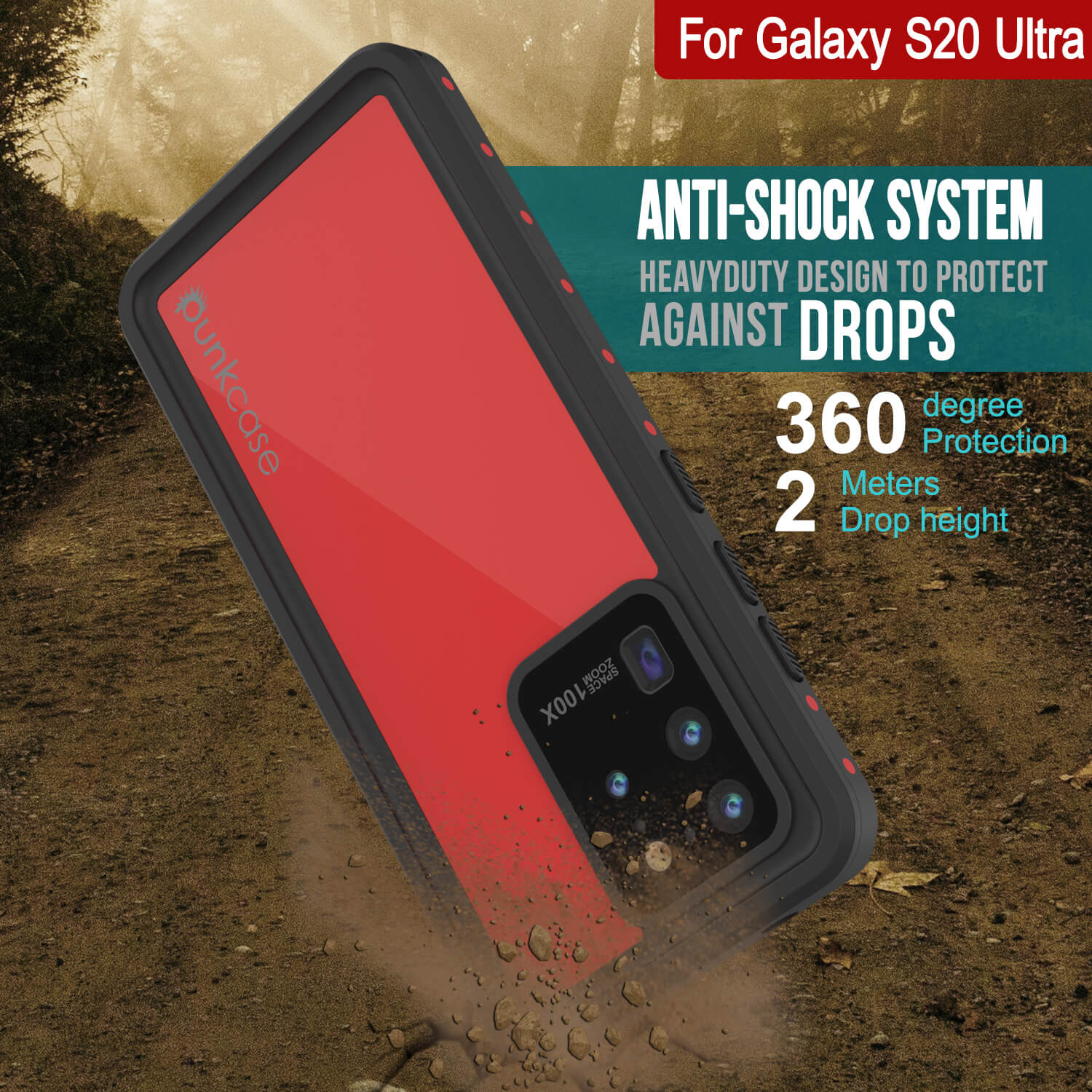 Capa à prova d'água Galaxy S20 Ultra PunkCase StudStar Vermelha Fina 6.6ft Subaquática IP68 à Prova de Choque/Neve