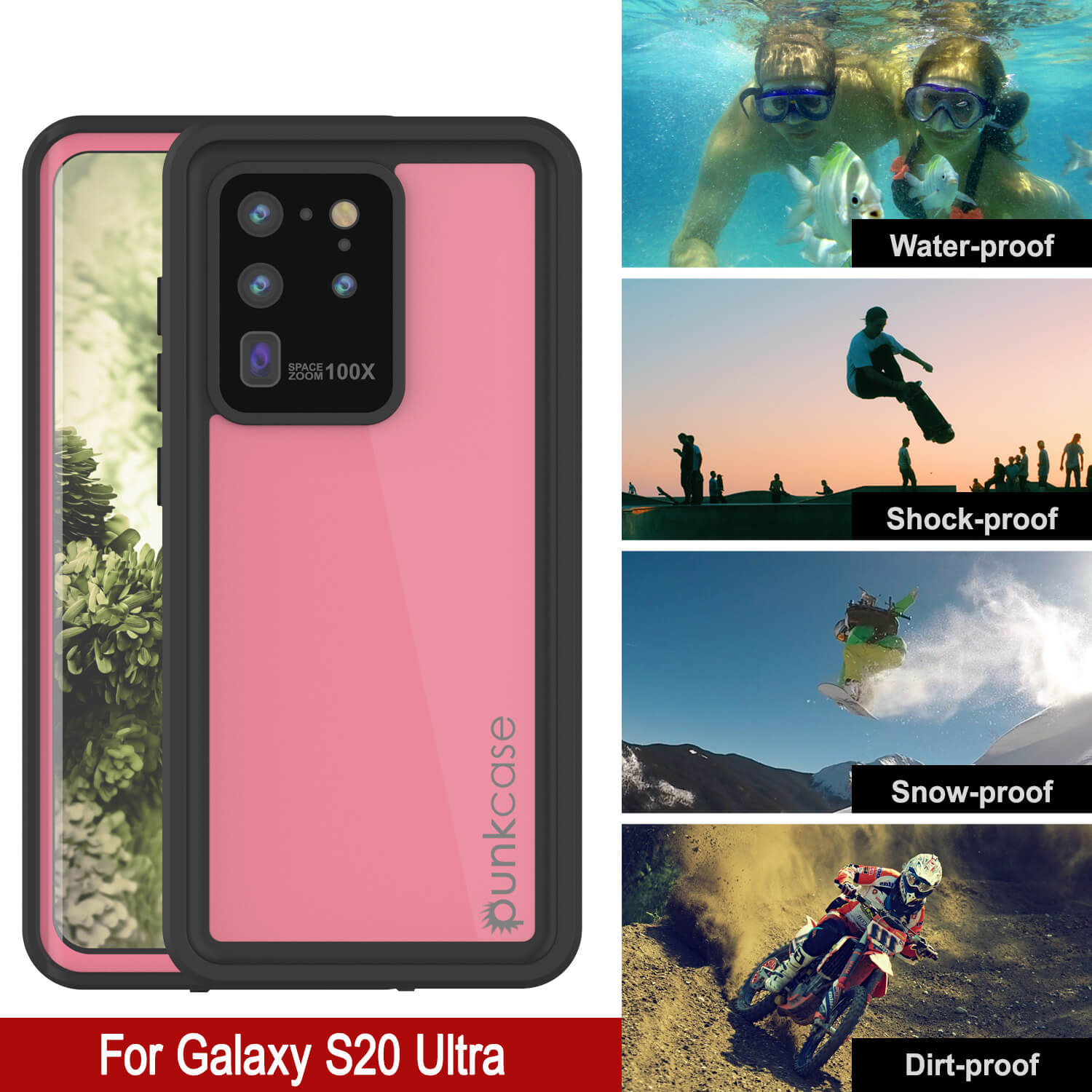 Capa À Prova De Água Galaxy S20 Ultra PunkCase StudStar Cor-de-rosa Fina 6,6 pés À Prova De Água IP68 À Prova De Choque/Neve