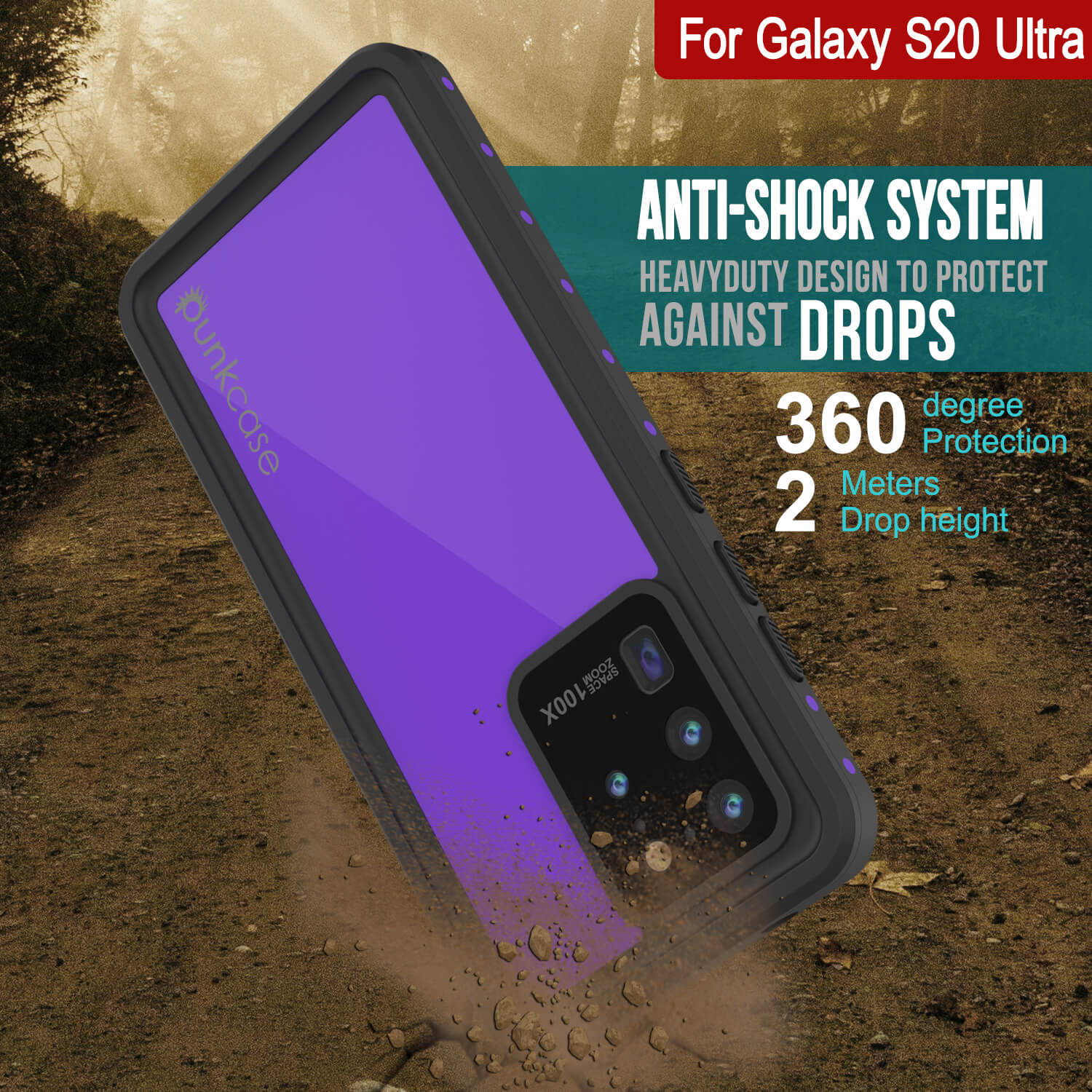 Capa à Prova d'Água Galaxy S20 Ultra PunkCase StudStar Roxo Fino 6,6ft à Prova de Água IP68 à Prova de Choque/Neve.