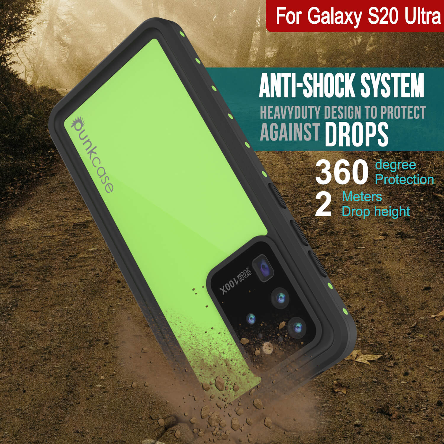 Capa à prova d'água Galaxy S20 Ultra PunkCase StudStar Verde Claro Fino 6.6ft Subaquática IP68 à prova de choque