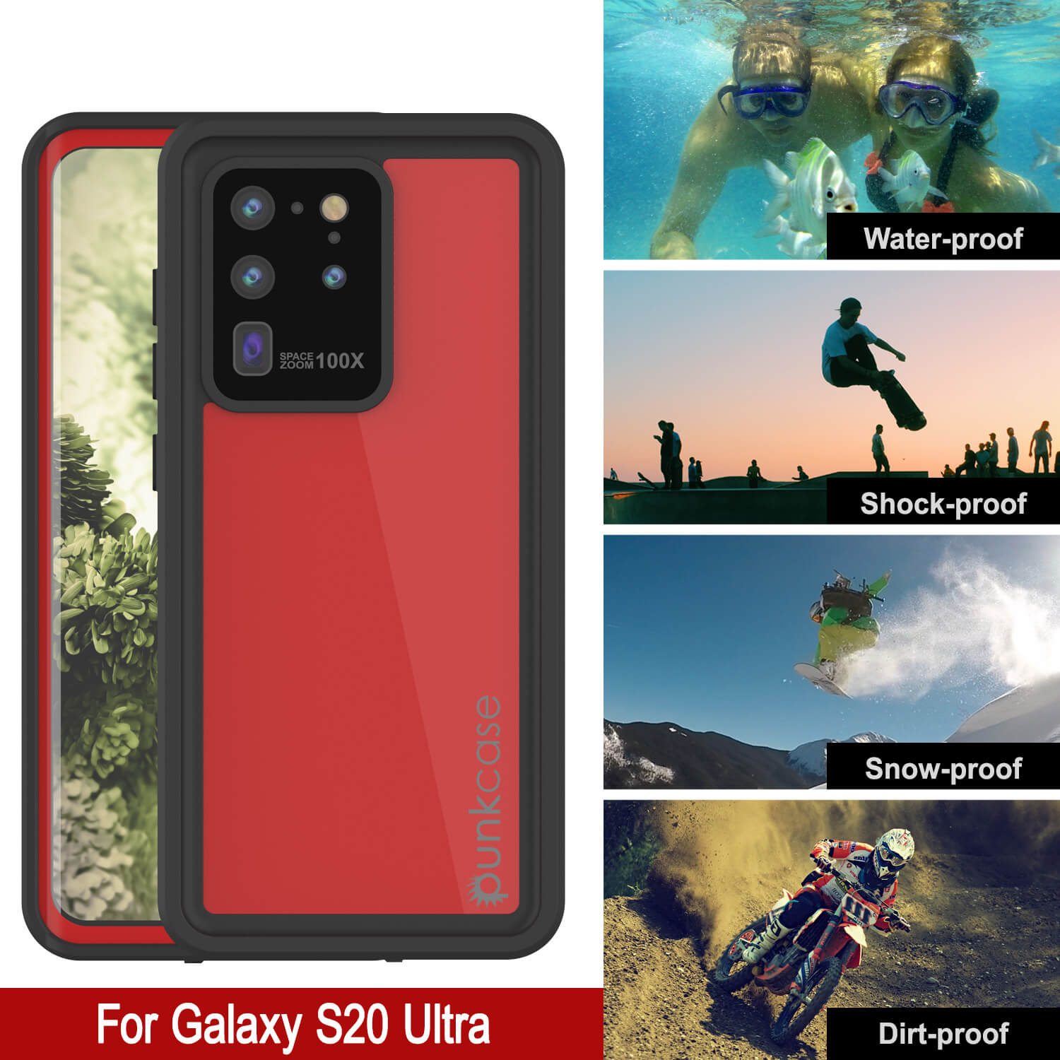 Capa à prova d'água Galaxy S20 Ultra PunkCase StudStar Vermelha Fina 6.6ft Subaquática IP68 à Prova de Choque/Neve