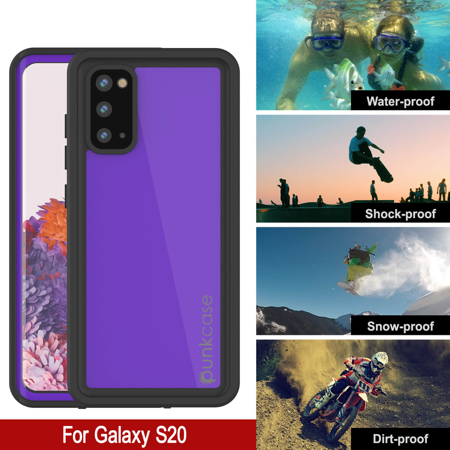 Capa à prova d'água Galaxy S20 PunkCase StudStar Purple Thin 6.6ft Subaquático IP68 Resistente a Choques/Neve