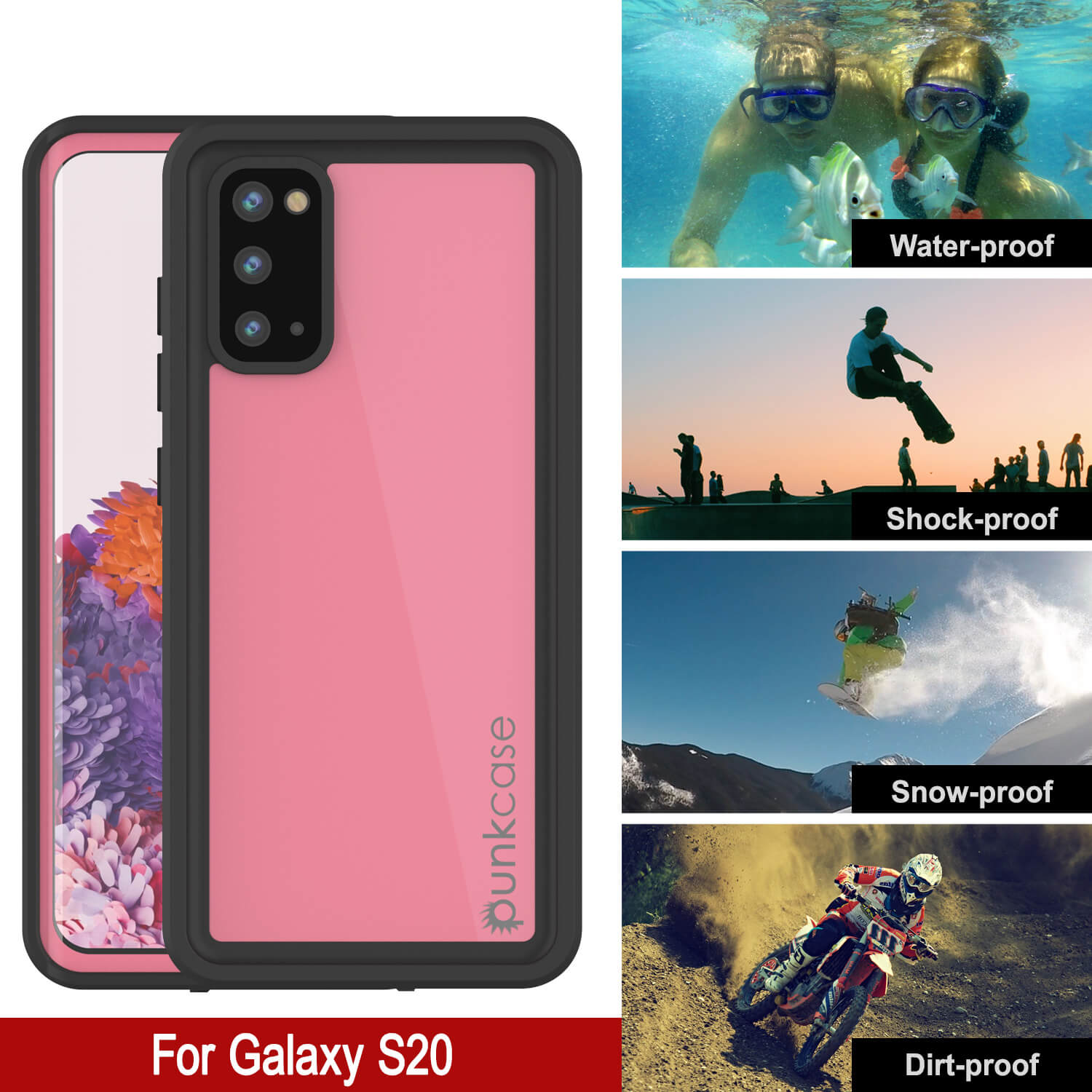 Capa à prova d'água para Galaxy S20 PunkCase StudStar Pink Fina 6.6ft Subaquática IP68 Shock/Prova de Neve