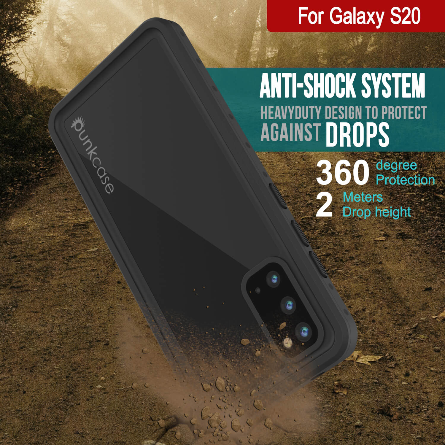 Capa à prova d'água Galaxy S20 PunkCase StudStar preta fina 6.6 pés subaquática IP68 à prova de choque/neve