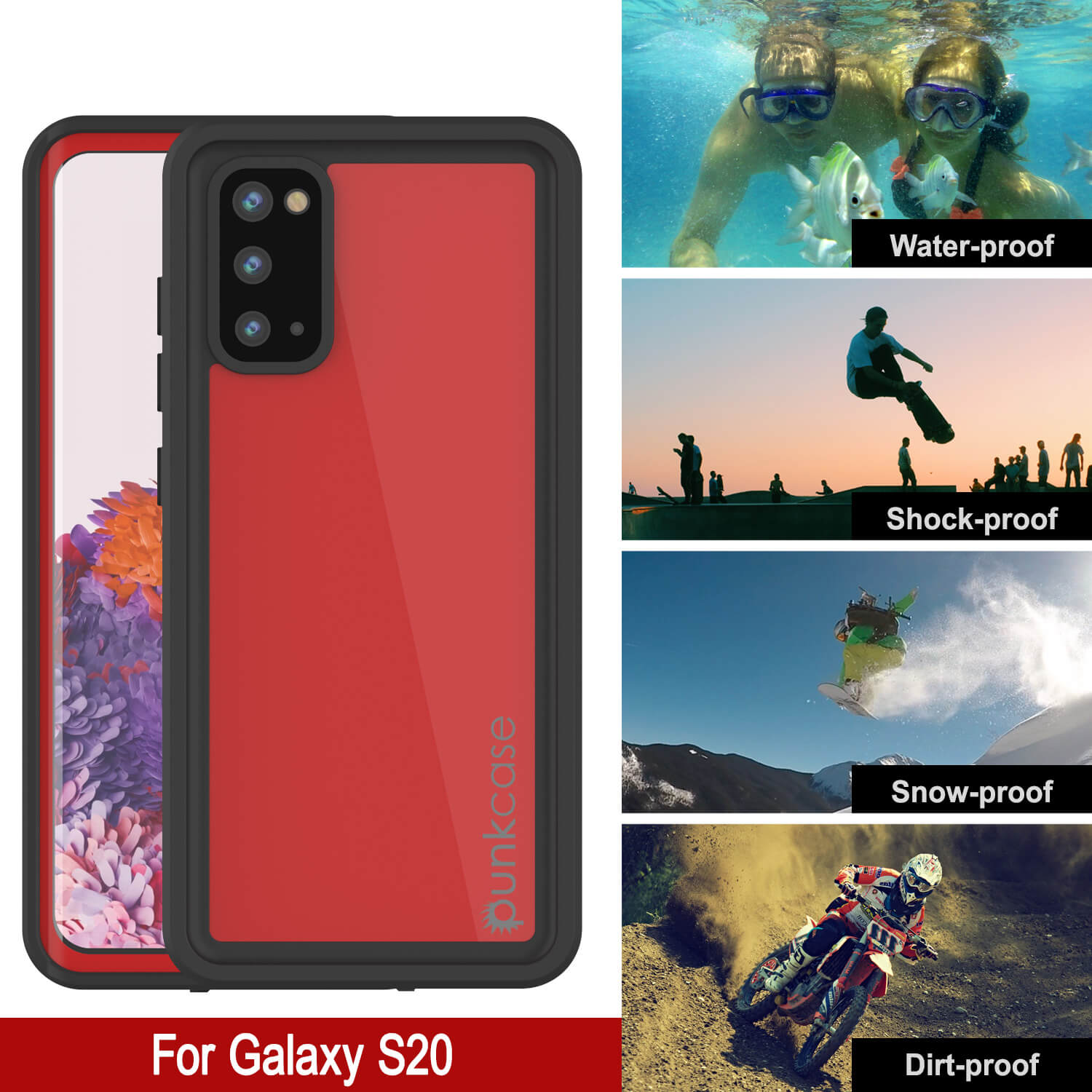 Capa à prova d'água Galaxy S20 PunkCase StudStar Vermelha Fina 6,6 pés Subaquática IP68 à Prova de Choque/Neve