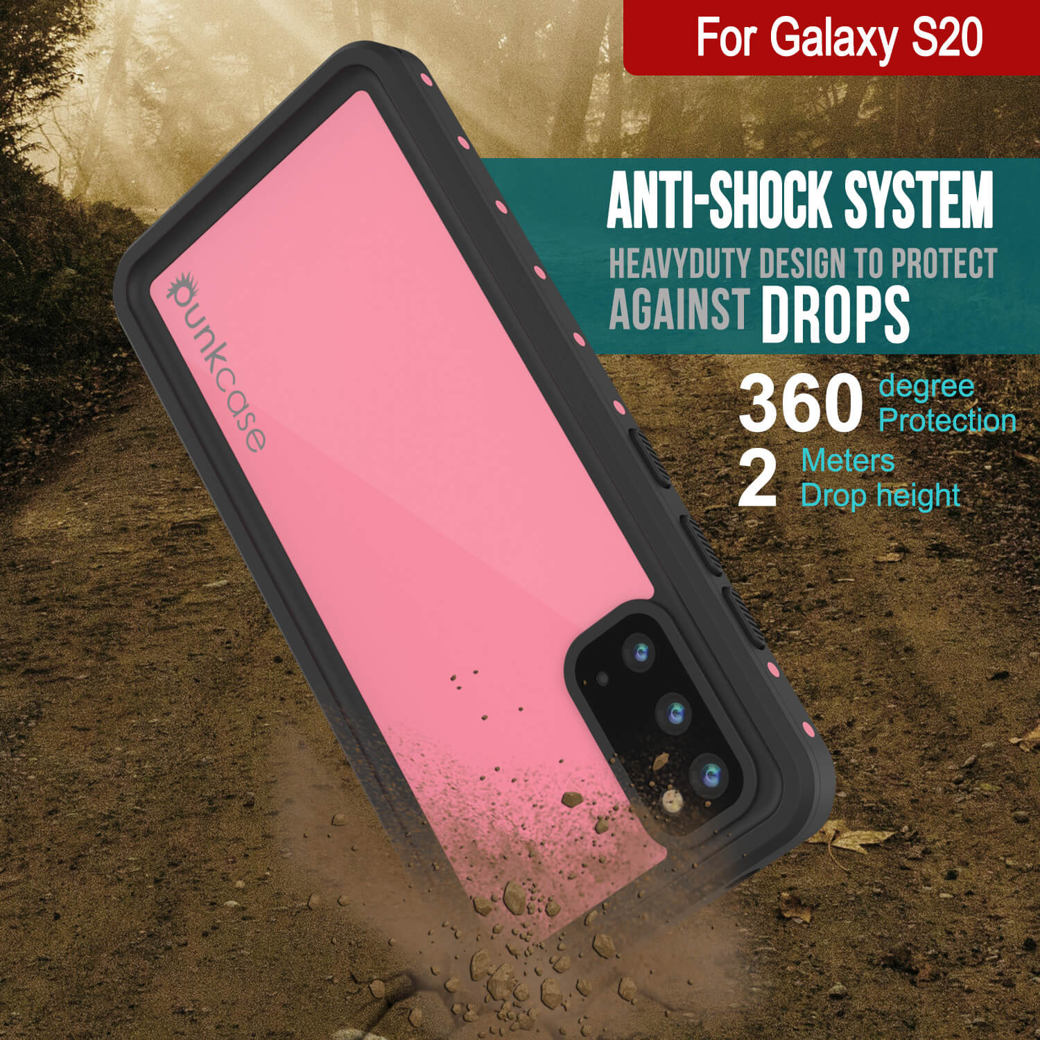 Capa à prova d'água para Galaxy S20 PunkCase StudStar Pink Fina 6.6ft Subaquática IP68 Shock/Prova de Neve