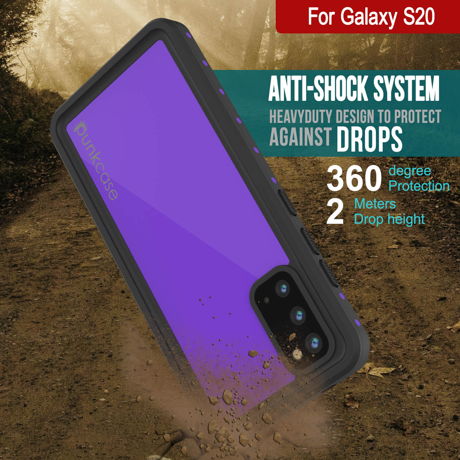 Capa à prova d'água Galaxy S20 PunkCase StudStar Purple Thin 6.6ft Subaquático IP68 Resistente a Choques/Neve