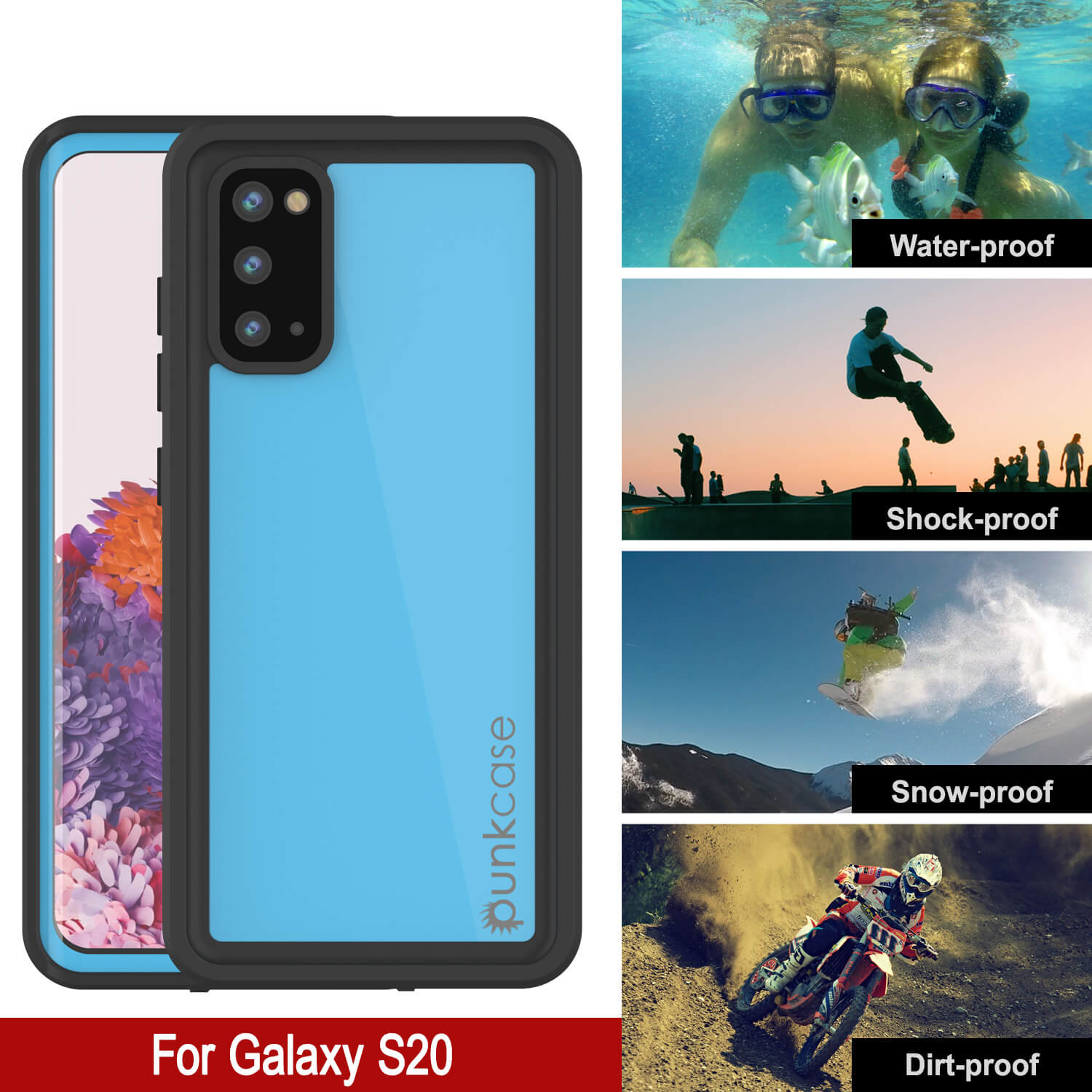 Capa à Prova d'Água PunkCase StudStar para Galaxy S20 Azul Claro Fina 6,6ft Subaquática IP68 Protetora contra Choques