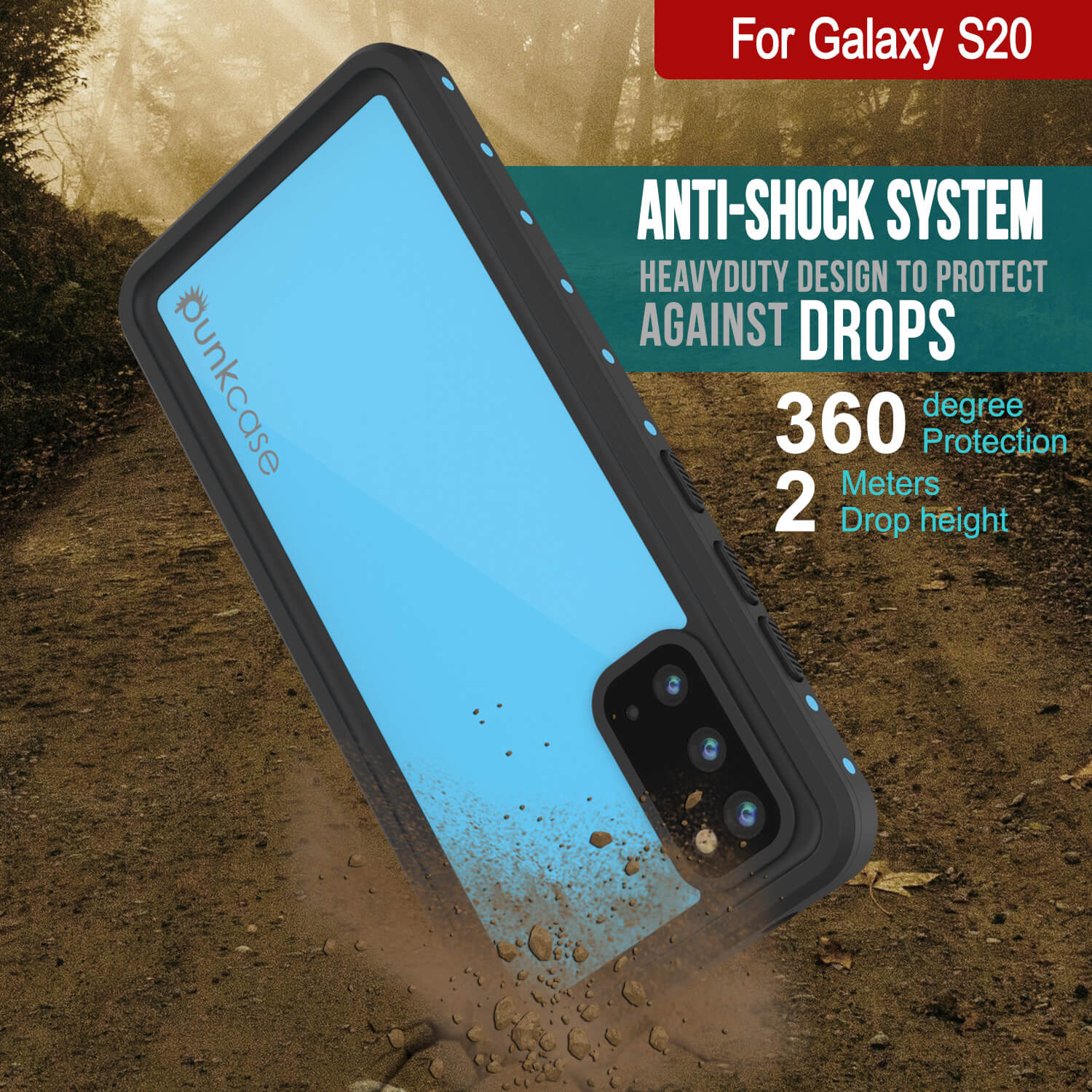 Capa à Prova d'Água PunkCase StudStar para Galaxy S20 Azul Claro Fina 6,6ft Subaquática IP68 Protetora contra Choques