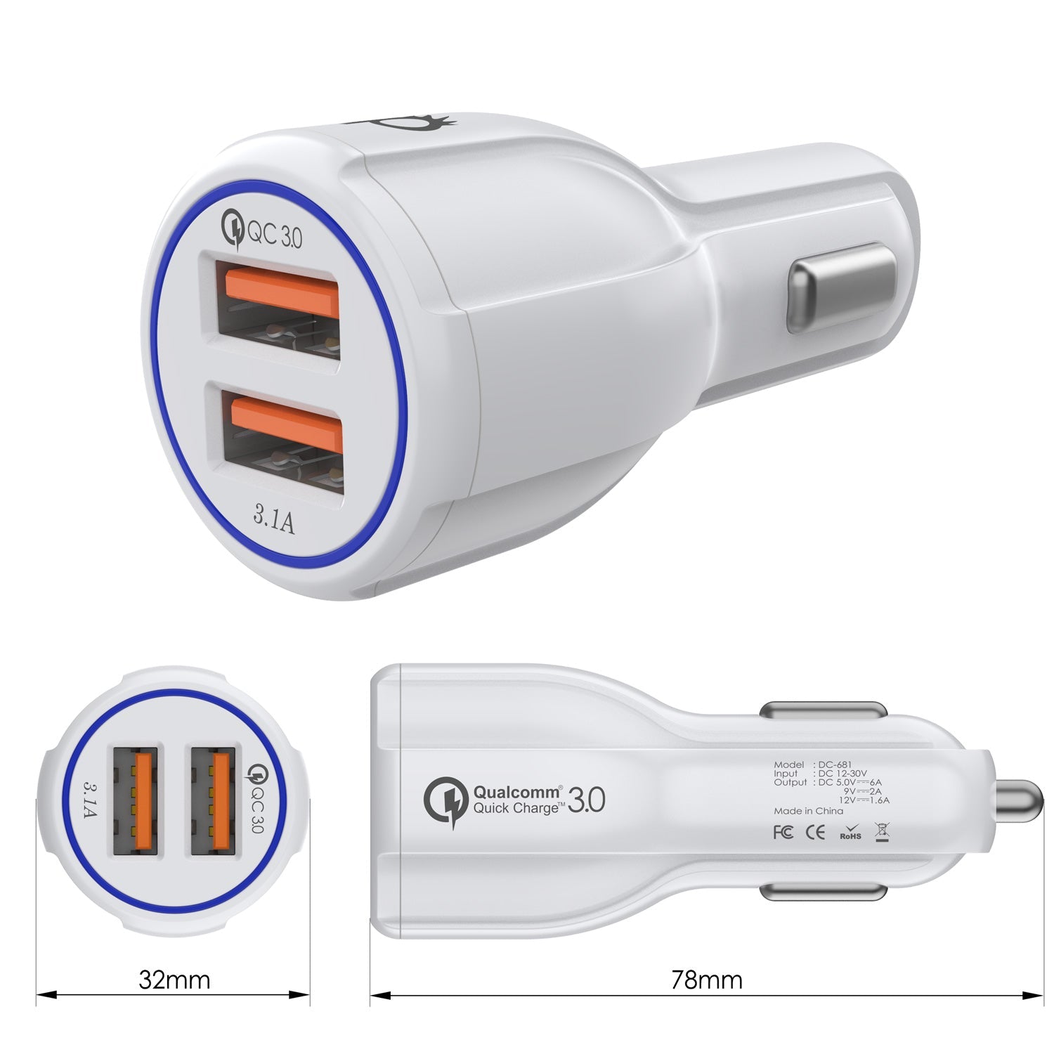 Ghostek® NRGcharge QuickCharge 2.0 Rapid High-speed Fast Wall Car White Charger w/ Micro USB Cable
