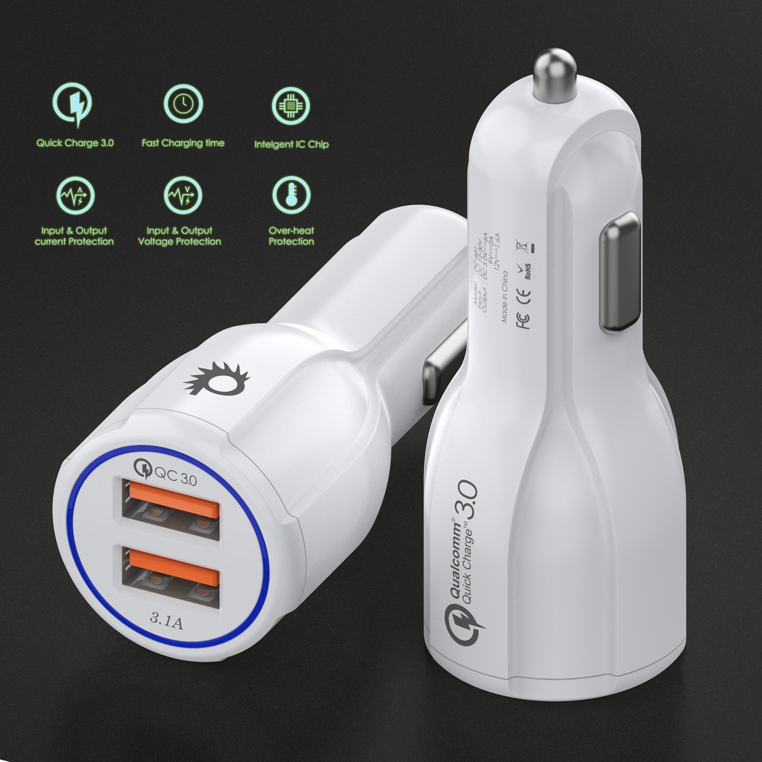 Ghostek® NRGcharge QuickCharge 2.0 Rapid High-speed Fast Wall Car White Charger w/ Micro USB Cable