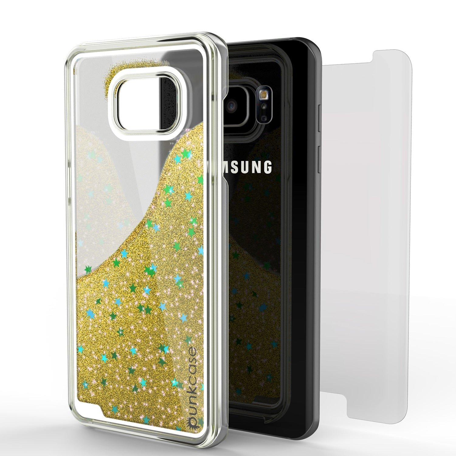 Capa S7 Edge, Punkcase Série Liquid GOLD] Capa protetora de camada dupla com glitter flutuante, muito brilho e brilho + Protetor de tela PunkShield.
