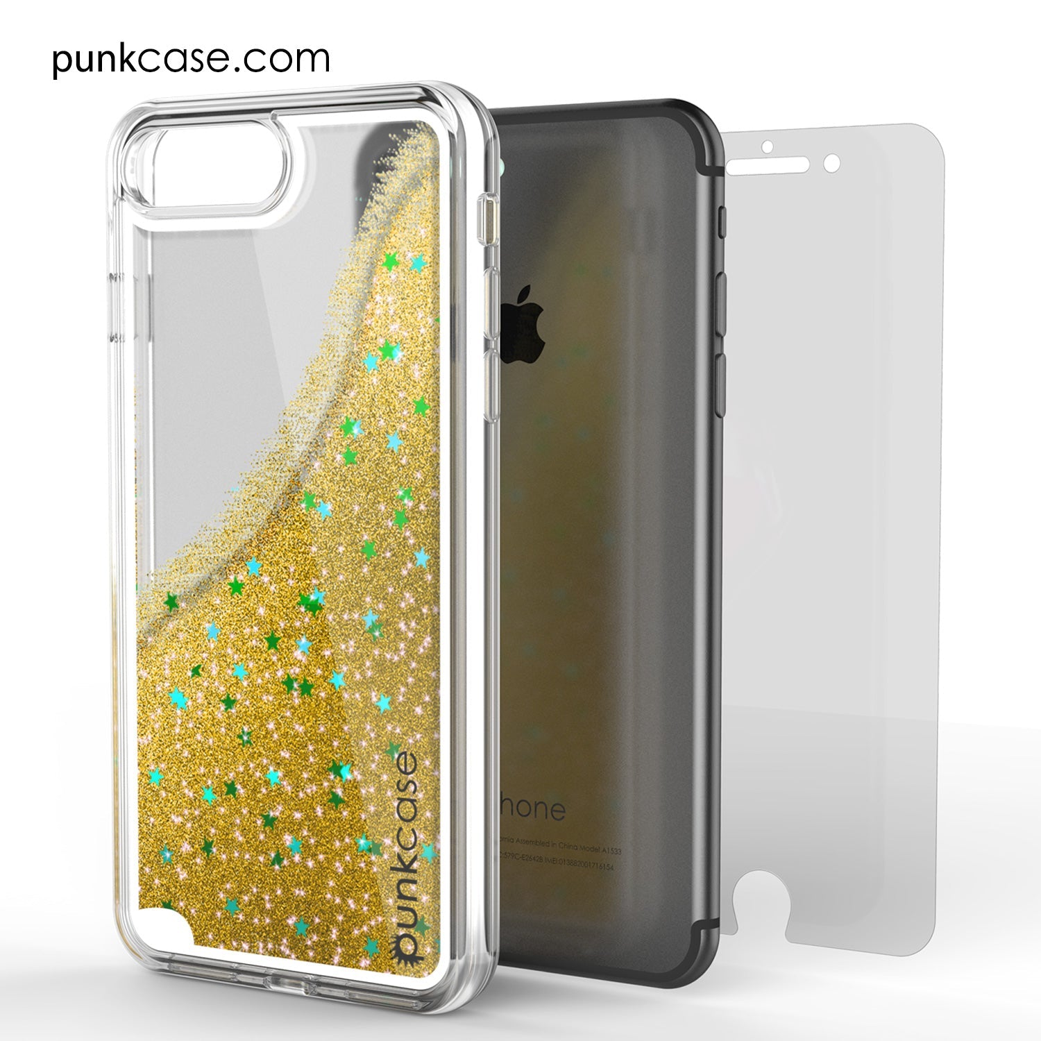 Capa iPhone 7 Plus, Série Ouro LÍQUIDO PunkСase, Capa protetora de camada dupla com glitter flutuante