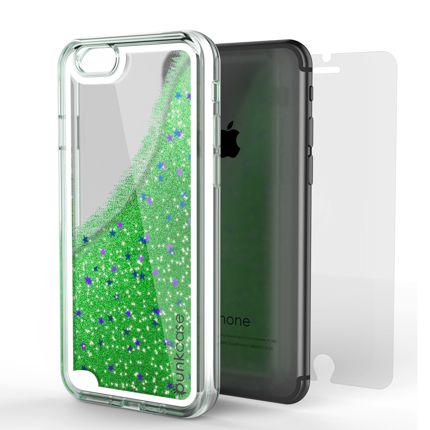 Capa do iPhone 7, Série PunkCase LIQUID Verde, Capa Protetora de Camada Dupla Flutuante com Glitter