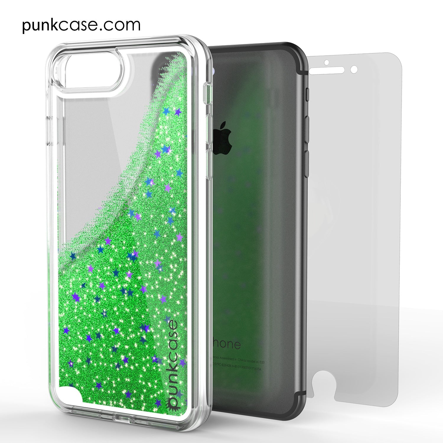 Capa iPhone 7 Plus, Série PunkCase LIQUID Green, Capa Protetora de Camada Dupla com Glitter Flutuante