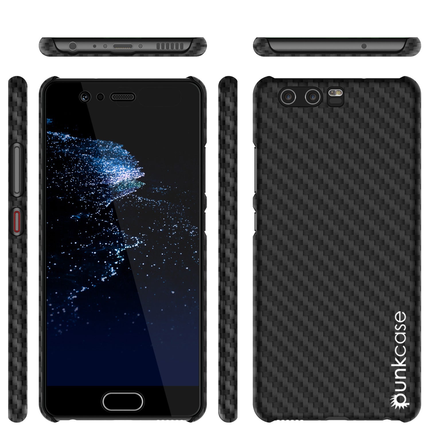 Huawei P10 Case, Punkcase CarbonShield, Heavy Duty & Ultra Thin 2 Piece Dual Layer PU Leather Cover [shockproof] [non slip] with Tempered Glass Screen Protector for Huawei P10 [Jet Black] 