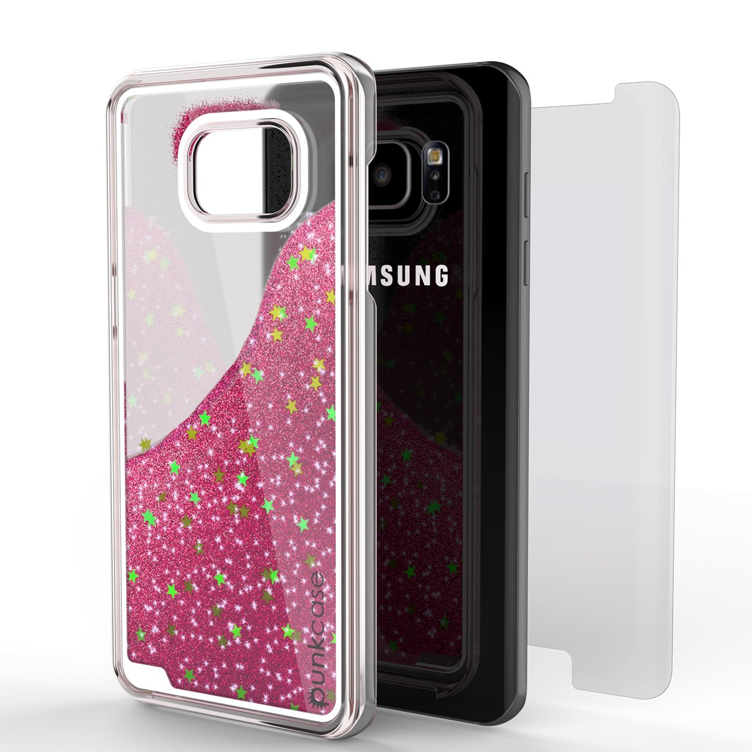 Capa S7 Edge, Série PunkCase LIQUID rosa, Capa protetora de camada dupla com glitter flutuante.