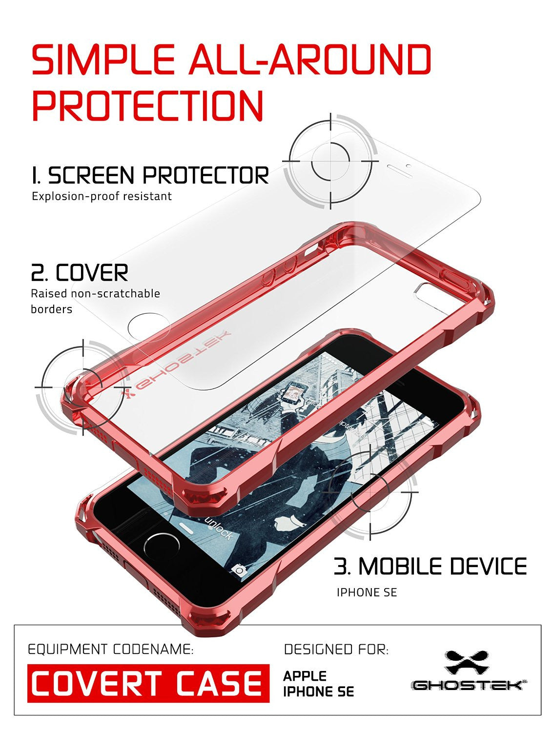 iPhone SE Case, Ghostek® Covert Red, Premium Impact Protective Armor | Lifetime Warranty Exchange (Color in image: space grey)
