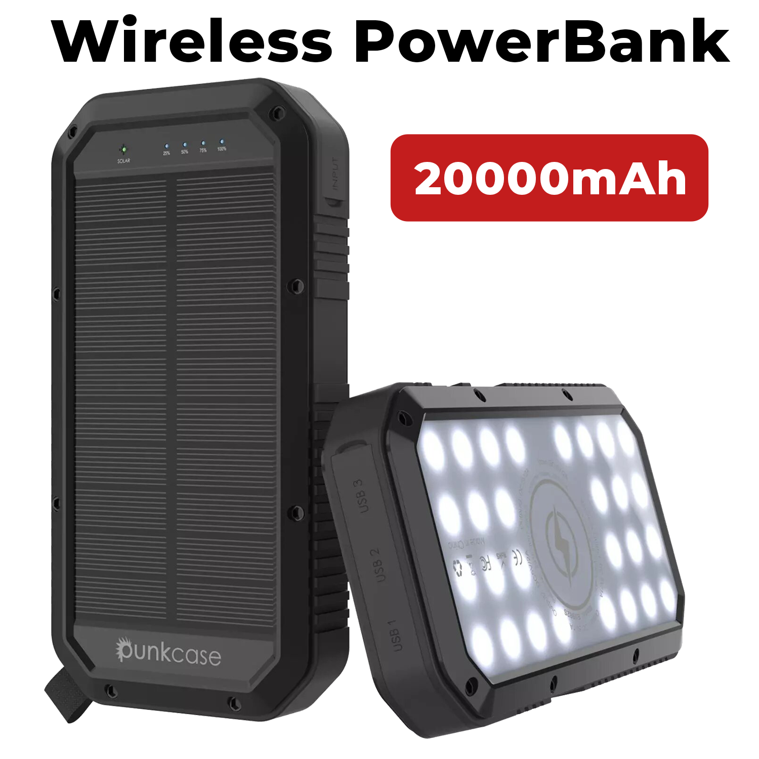Capa PunkCase Solar Wireless PowerBank de 20000 mAh para iPhone X/XS/Max/XR / 11/10, iPad, Samsung Galaxy S10 / S9 e Muitos Outros [Preto]