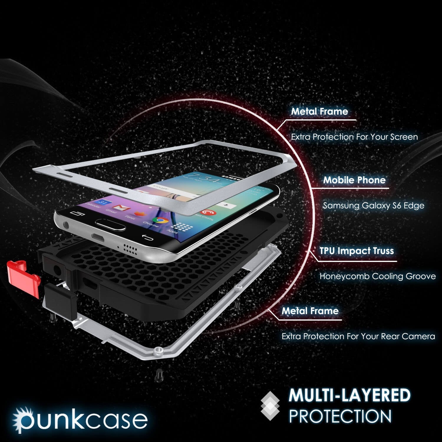 Galaxy S6 EDGE  Case, PUNKcase Metallic Silver Shockproof  Slim Metal Armor Case (Color in image: black)