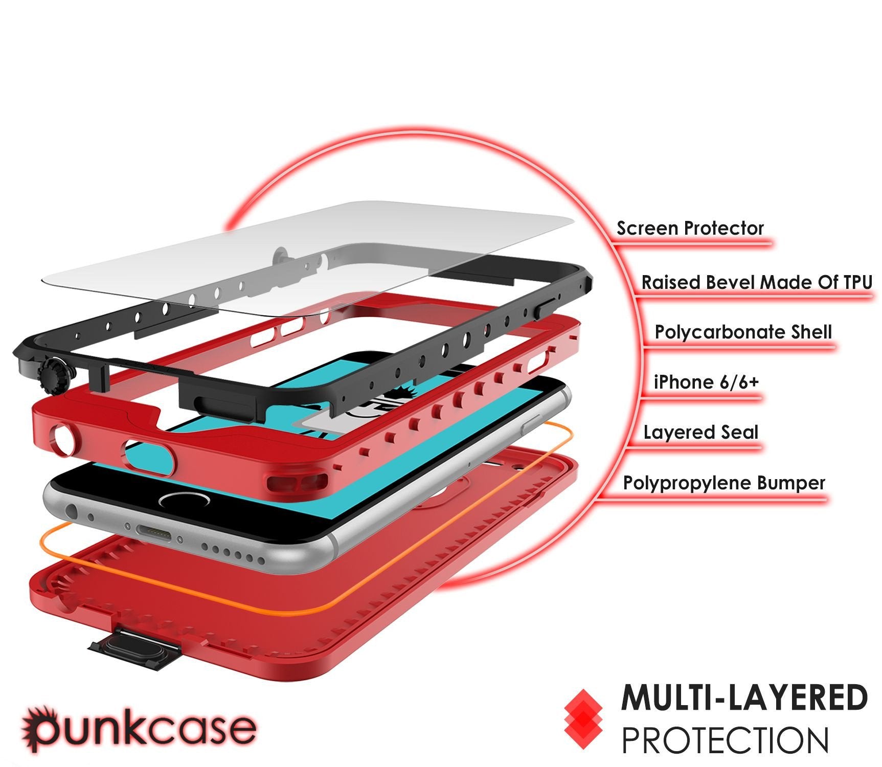 iPhone 6S+/6+ Plus Waterproof Case, PUNKcase StudStar Red w/ Attached Screen Protector | Warranty (Color in image: black)