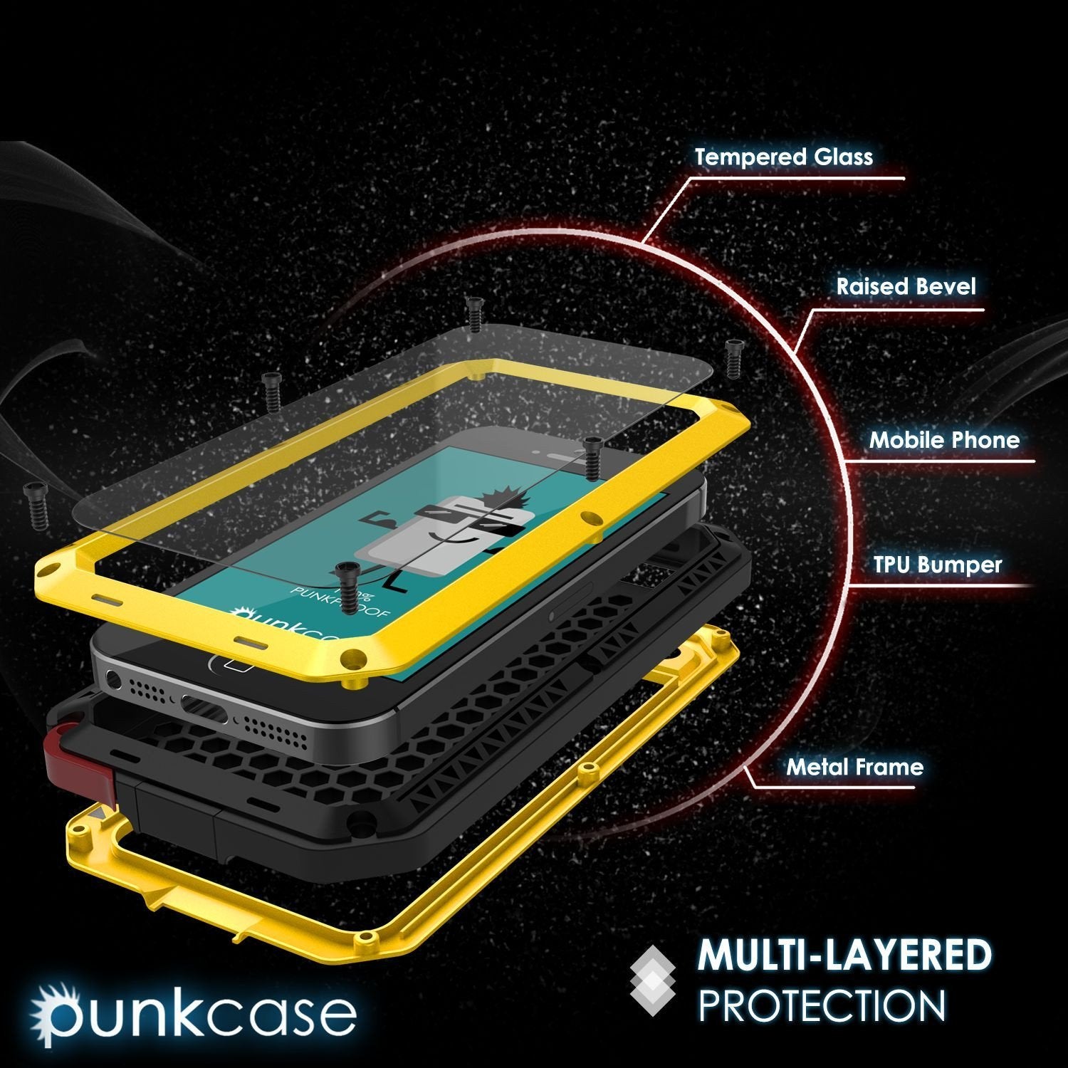 iPhone SE/5/5s Case, Punkcase® METALLIC Series NEON w/ TEMPERED GLASS | Aluminum Frame (Color in image: Black)