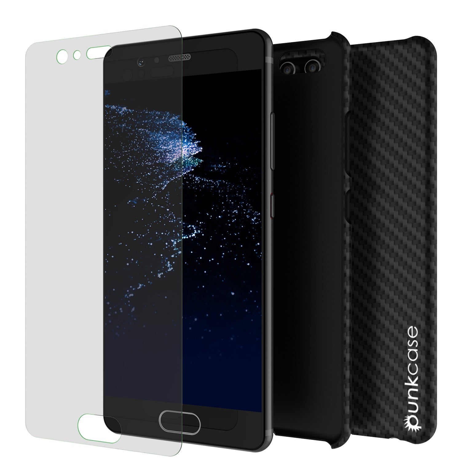 Huawei P10 Case, Punkcase CarbonShield, Heavy Duty & Ultra Thin 2 Piece Dual Layer PU Leather Cover [shockproof] [non slip] with Tempered Glass Screen Protector for Huawei P10 [Jet Black] 